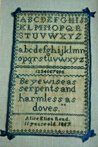 Sampler 1857 By Alice Eliza Read 11 Yrs.  Blue Ribbon Cross Stitch 12 "