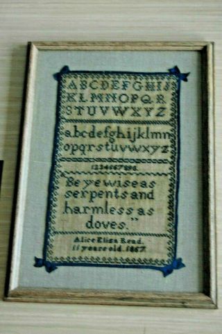 SAMPLER 1857 BY ALICE ELIZA READ 11 YRS.  BLUE RIBBON CROSS STITCH 12 