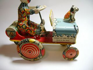 Vintage Unique Art Mfg Co.  Artie The Clown Car Tin Litho Wind Up Toy U.  S.  A 3