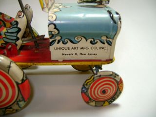 Vintage Unique Art Mfg Co.  Artie The Clown Car Tin Litho Wind Up Toy U.  S.  A 4