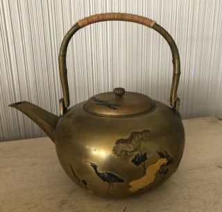 Vintage Antique Asian Japanese Chinese Mixed Metal Brass Copper Teapot Cranes