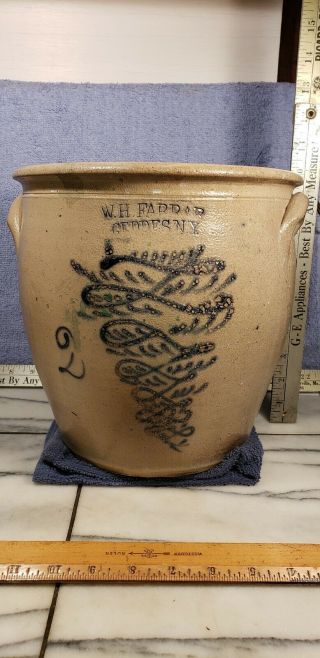 Antique W.  H Farrar Geddes N.  Y Stoneware Ovoid 2gal.  Croc.  Cobalt Whirlwind Ptrn