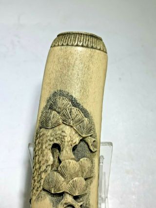Antique Rare Japanese 19th Century Carved Stag Antler Kiserazutsu Pipe Holder 7