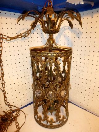 Crystal Hanging Pendant Light Fixture Antique Vintage Art Deco Brass Foyer Hall