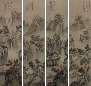 Four Chinese Old Wu Huayuan Scroll Painting Of Landscape 77.  56”
