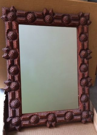 Very Rare American Tramp Art Rectangular Mirror,  Chip - Carved Wooden Frame