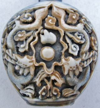 2 Vintage Chinese Carved Black & White Resin Snuff Bottles w/ Dragons & Koi Fish 10