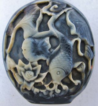 2 Vintage Chinese Carved Black & White Resin Snuff Bottles w/ Dragons & Koi Fish 12