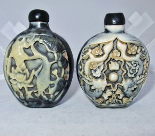 2 Vintage Chinese Carved Black & White Resin Snuff Bottles W/ Dragons & Koi Fish