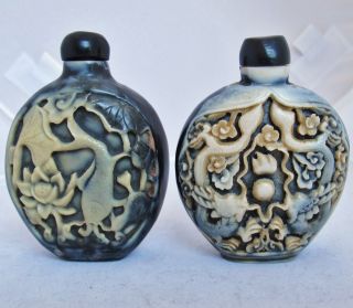 2 Vintage Chinese Carved Black & White Resin Snuff Bottles w/ Dragons & Koi Fish 2