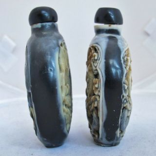 2 Vintage Chinese Carved Black & White Resin Snuff Bottles w/ Dragons & Koi Fish 3