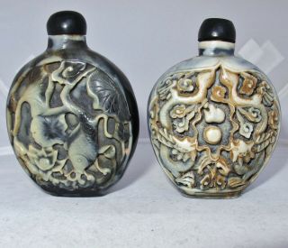 2 Vintage Chinese Carved Black & White Resin Snuff Bottles w/ Dragons & Koi Fish 4