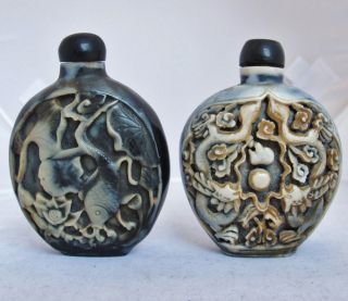 2 Vintage Chinese Carved Black & White Resin Snuff Bottles w/ Dragons & Koi Fish 5