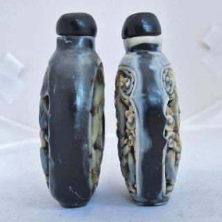 2 Vintage Chinese Carved Black & White Resin Snuff Bottles w/ Dragons & Koi Fish 6