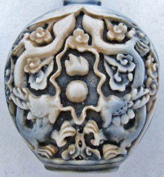 2 Vintage Chinese Carved Black & White Resin Snuff Bottles w/ Dragons & Koi Fish 9