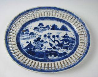 Antique Chinese Export Blue And White Porcelain Canton Pattern Reticulated Tray