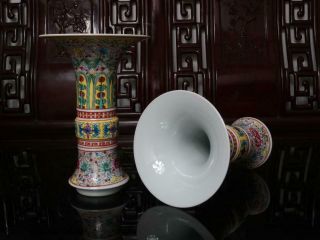 Pair Old Rare Famille Rose Chinese Porcelain Flower Gu Vase Qianlong MK 3