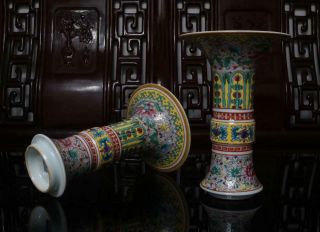 Pair Old Rare Famille Rose Chinese Porcelain Flower Gu Vase Qianlong MK 4