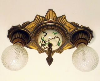 Antique 1920s Art Deco Glf Bronze Starburst 2 Light Flush Mount Ceiling Fixture