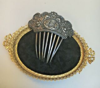 Victorian Antique Rare Sterling Silver Repousse Elaborate Hair Comb 23.  5 Grams