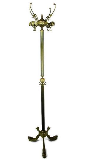 Standing Hall Tree Coat Rack Ornate Brass Hollywood Regency Marble Ball Fish Leg