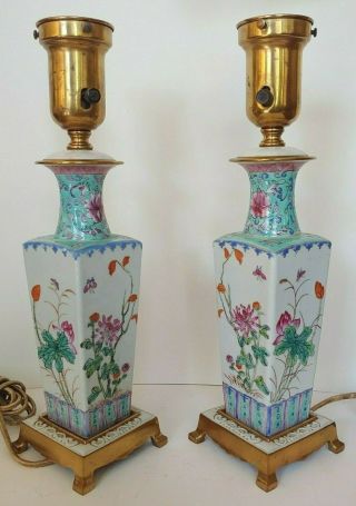 Stunning Antique Chinese Famille Rose Porcelain Lamps Pair Republic Period.