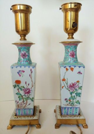 Stunning Antique Chinese Famille Rose Porcelain Lamps Pair Republic Period. 2