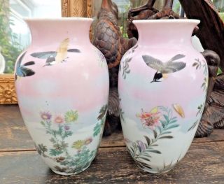 Antique Japanese Kutani Dai Nippon Pair Vases 1868 - 1912 Hand Paint Birds Flowers