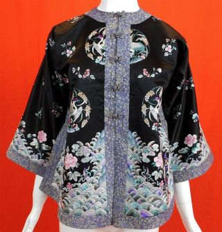 Antique Chinese Black Silk Colorful Pastel Embroidered Crane Roundels Robe Vtg