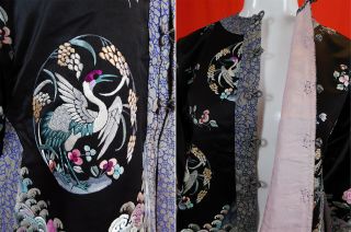 Antique Chinese Black Silk Colorful Pastel Embroidered Crane Roundels Robe Vtg 4