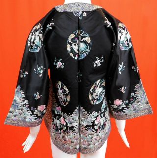Antique Chinese Black Silk Colorful Pastel Embroidered Crane Roundels Robe Vtg 5