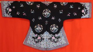 Antique Chinese Black Silk Colorful Pastel Embroidered Crane Roundels Robe Vtg 7