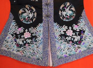 Antique Chinese Black Silk Colorful Pastel Embroidered Crane Roundels Robe Vtg 9