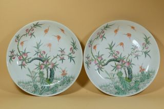Pair Chinese Famille Rose Painted " Peach Bat " Porcelain Plates,  Marked.