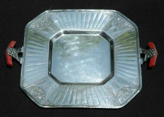 Rhombic Benedict Art Deco Silver Cocktail Or Vanity Tray With Bakelite Handles