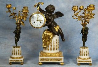 French White Carrara Marble Gilded Bronze Clock Garniture 19th Century