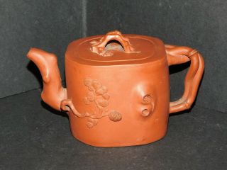 Old Chinese Yixing Clay Teapot With Bamboo & Prunus & Seal Mark On Base & Lid