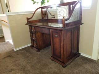 VINTAGE EXECUTIVE DESK LEATHER TOP AND ETCHED GLASS BACK 8