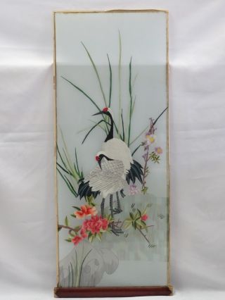 Jiaqing Style Framed Chinese Crane Garden Silk Embroidered Panel Under Glass