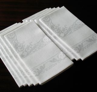 12 Large White Vintage Irish Linen Double Damask Hand Hemmed Dinner Napkins 22 "