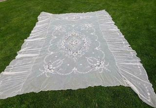 Antique French Tambour Net Lace Bedspread Coverlet Stunning