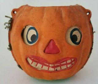 Antique Paper Mache Halloween Pumpkin Candle Basket 4.  25 "