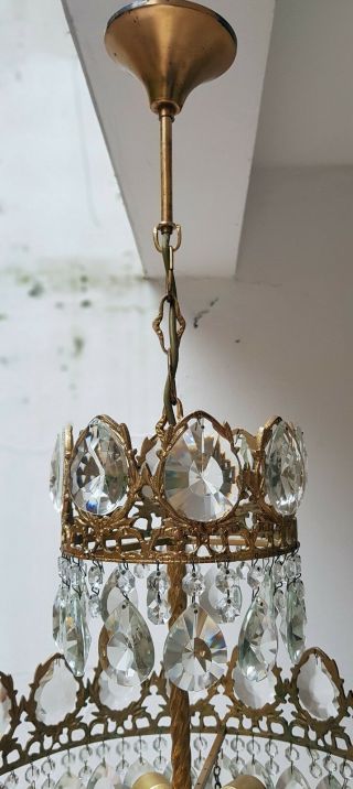 Antique Vintage French Basket Style Brass & Crystals LARGE Chandelier Lamp 4