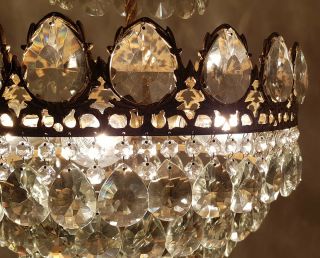 Antique Vintage French Basket Style Brass & Crystals LARGE Chandelier Lamp 7