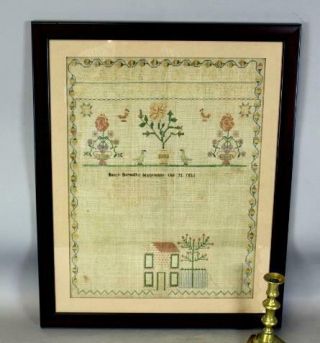 A Rare House Decorated 1825 Needlework Sampler Signed " Nancy Burroughs 1825 "