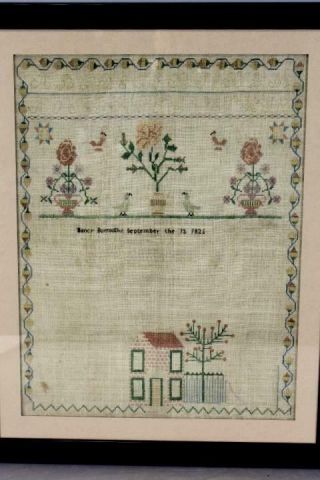 A RARE HOUSE DECORATED 1825 NEEDLEWORK SAMPLER SIGNED 