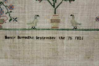 A RARE HOUSE DECORATED 1825 NEEDLEWORK SAMPLER SIGNED 