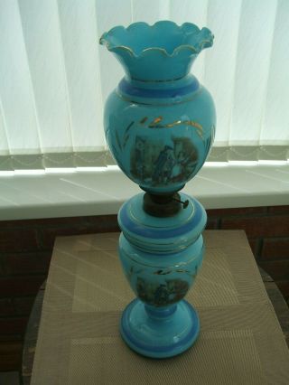 Antique / Vintage Stunning Victorian / Blue Opaline Glass Oil Lamp