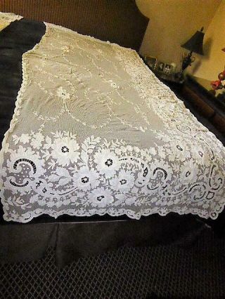 Pair Antique Tambour Lace Net Swiss Chain Stitched Curtain Drapery Panels 92 " L