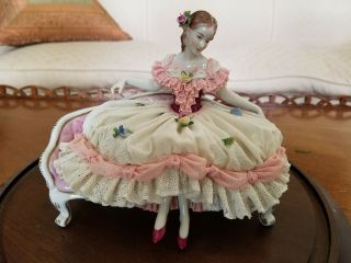 Vintage German Dresden Lace Volkstedt Lady Dancer On Settee Porcelain Figurine